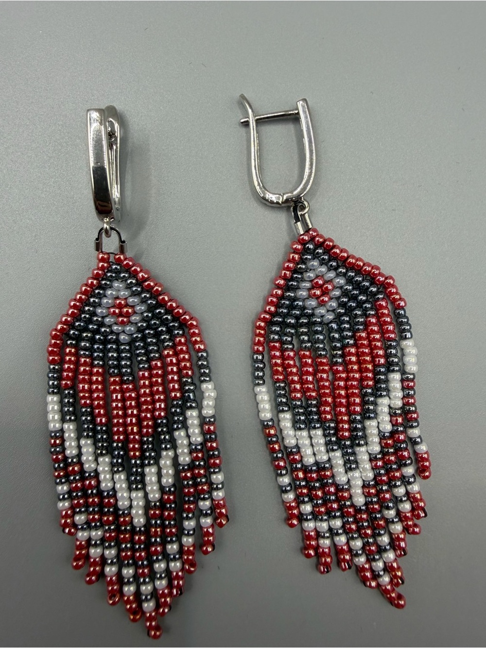 Silver Lever-Back Beaded Fringe Earrings in Red, Black & White